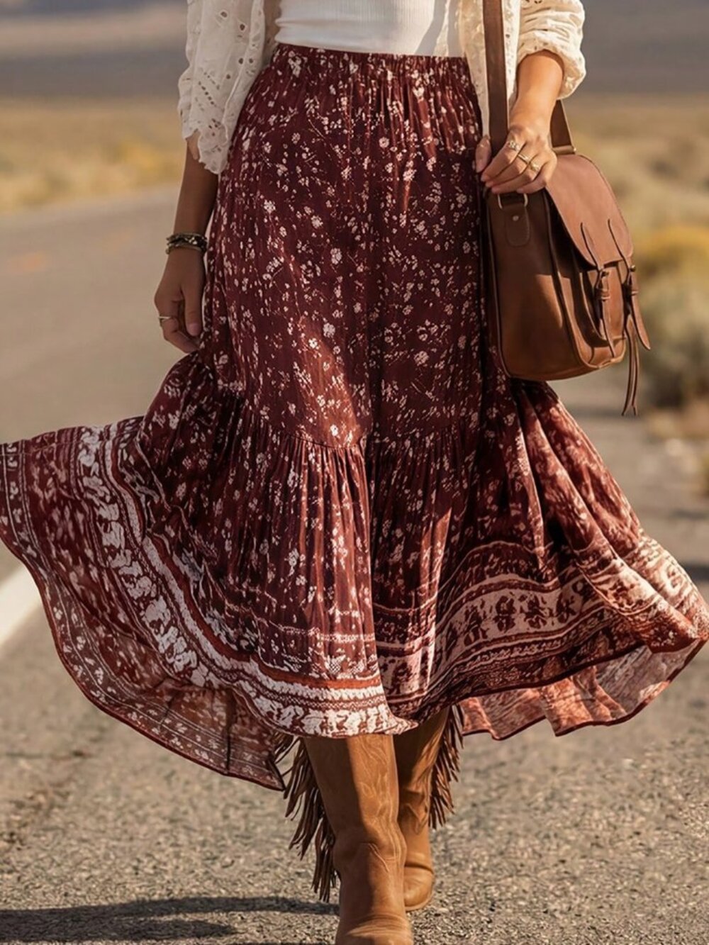 Multicolor Boho Women's Western Style Ditsy Floral Casual Skirt - Picture 3 of 8